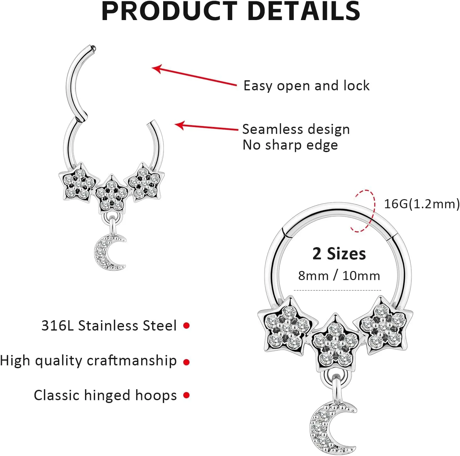 2PCS 16G Stainless Steel Septum Rings 16G Horseshoe Clicker Septum Rings Gold for Women Men Septum Nose Lip Helix Tragus Daith Cartilage Body Piercing Jewelry 8/10MM