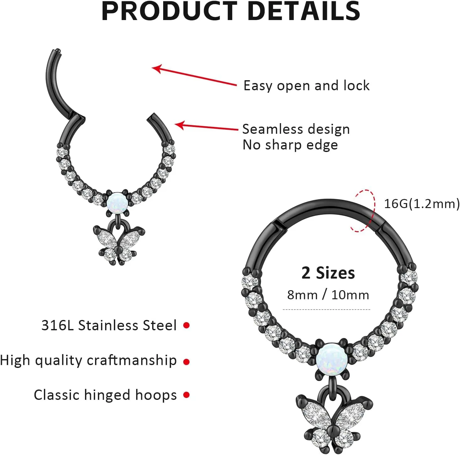 2PCS 16G Stainless Steel Septum Rings 16G Horseshoe Clicker Septum Rings Gold for Women Men Septum Nose Lip Helix Tragus Daith Cartilage Body Piercing Jewelry 8/10MM