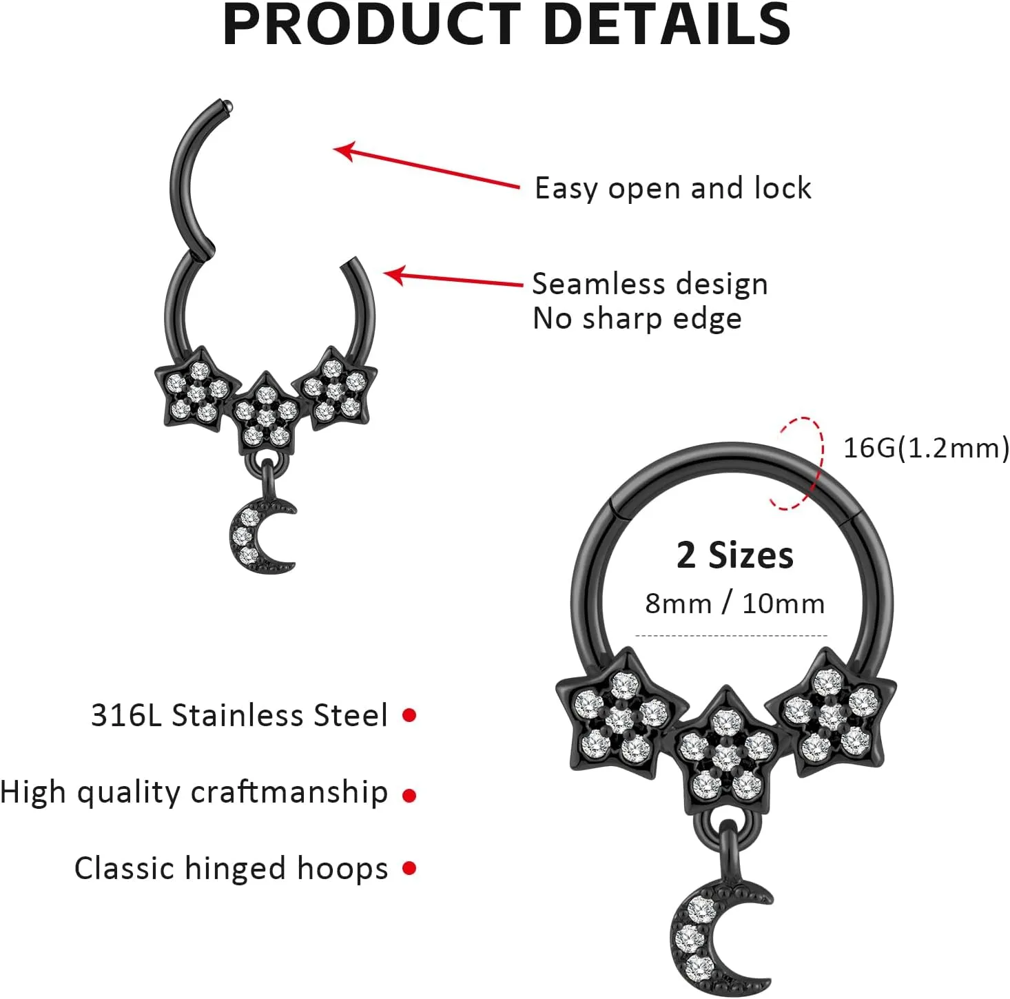 2PCS 16G Stainless Steel Septum Rings 16G Horseshoe Clicker Septum Rings Gold for Women Men Septum Nose Lip Helix Tragus Daith Cartilage Body Piercing Jewelry 8/10MM