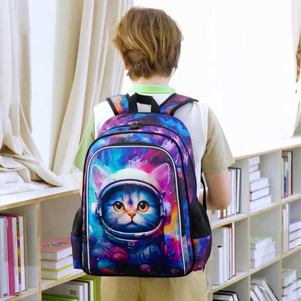 3 Piece Space Cat Backpack Set For Boys 16 Inch Elementary School