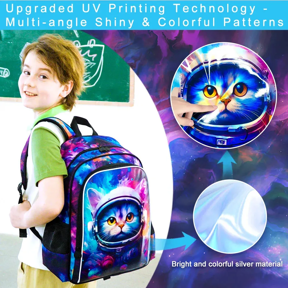 3 Piece Space Cat Backpack Set For Boys 16 Inch Elementary School