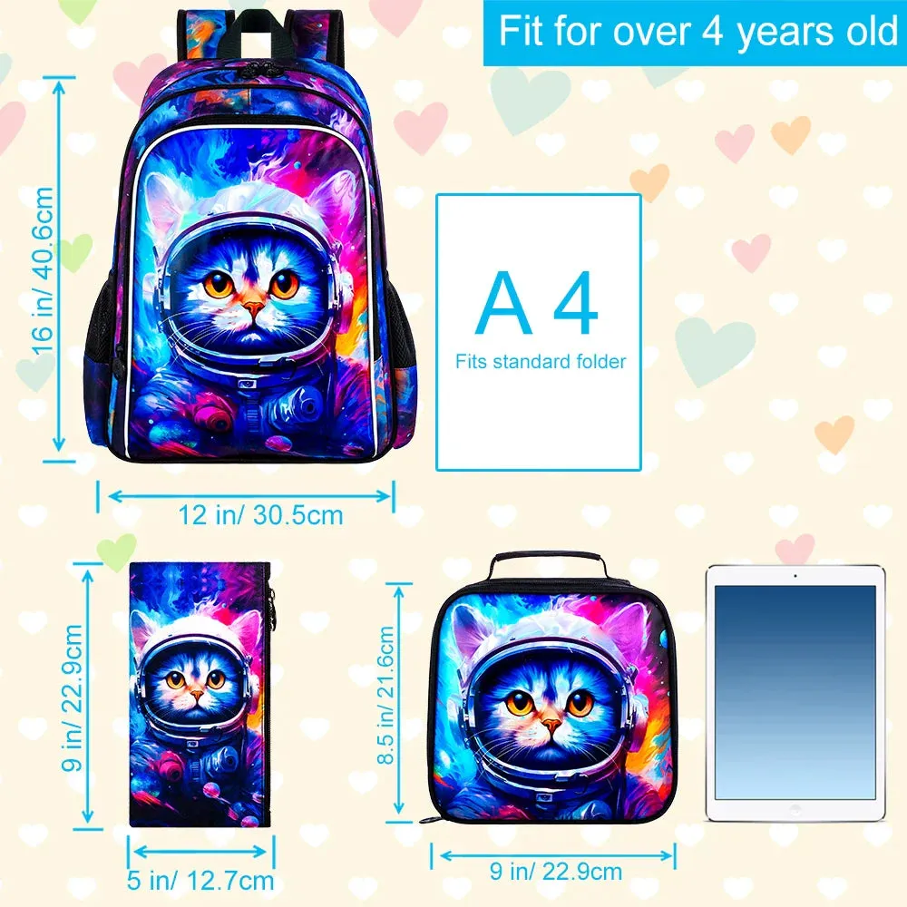 3 Piece Space Cat Backpack Set For Boys 16 Inch Elementary School