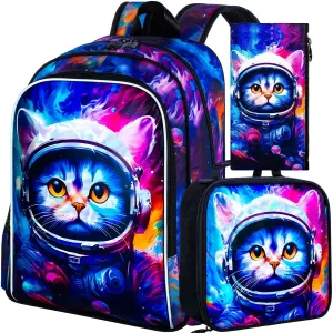 3 Piece Space Cat Backpack Set For Boys 16 Inch Elementary School