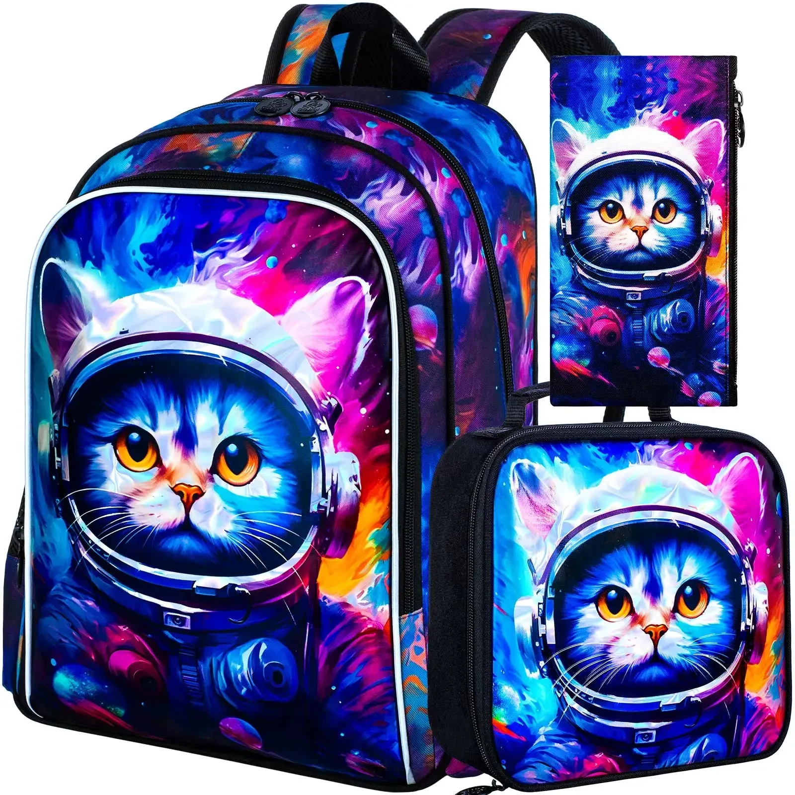 3 Piece Space Cat Backpack Set For Boys 16 Inch Elementary School