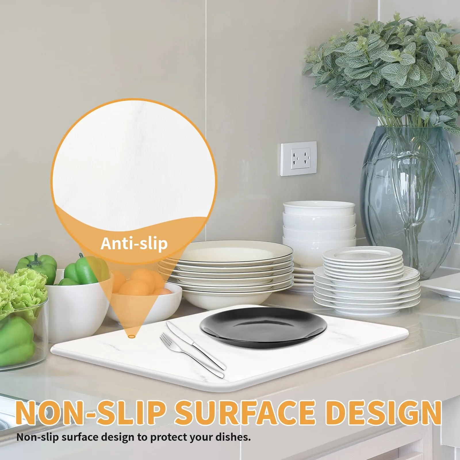 auievkon Stone Dish Drying Mat ,Absorbent Marble White Dish Dry Pad,Quick-drying Mats, Heat Resistant Frosted Texture Non-Slip Rack Tableware Mat (16*12IN)