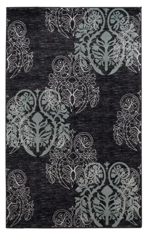 Benzara 2.83 x 1.83 Feet Damask Pattern Polypropylene Power Loomed Rug, Black and Blue