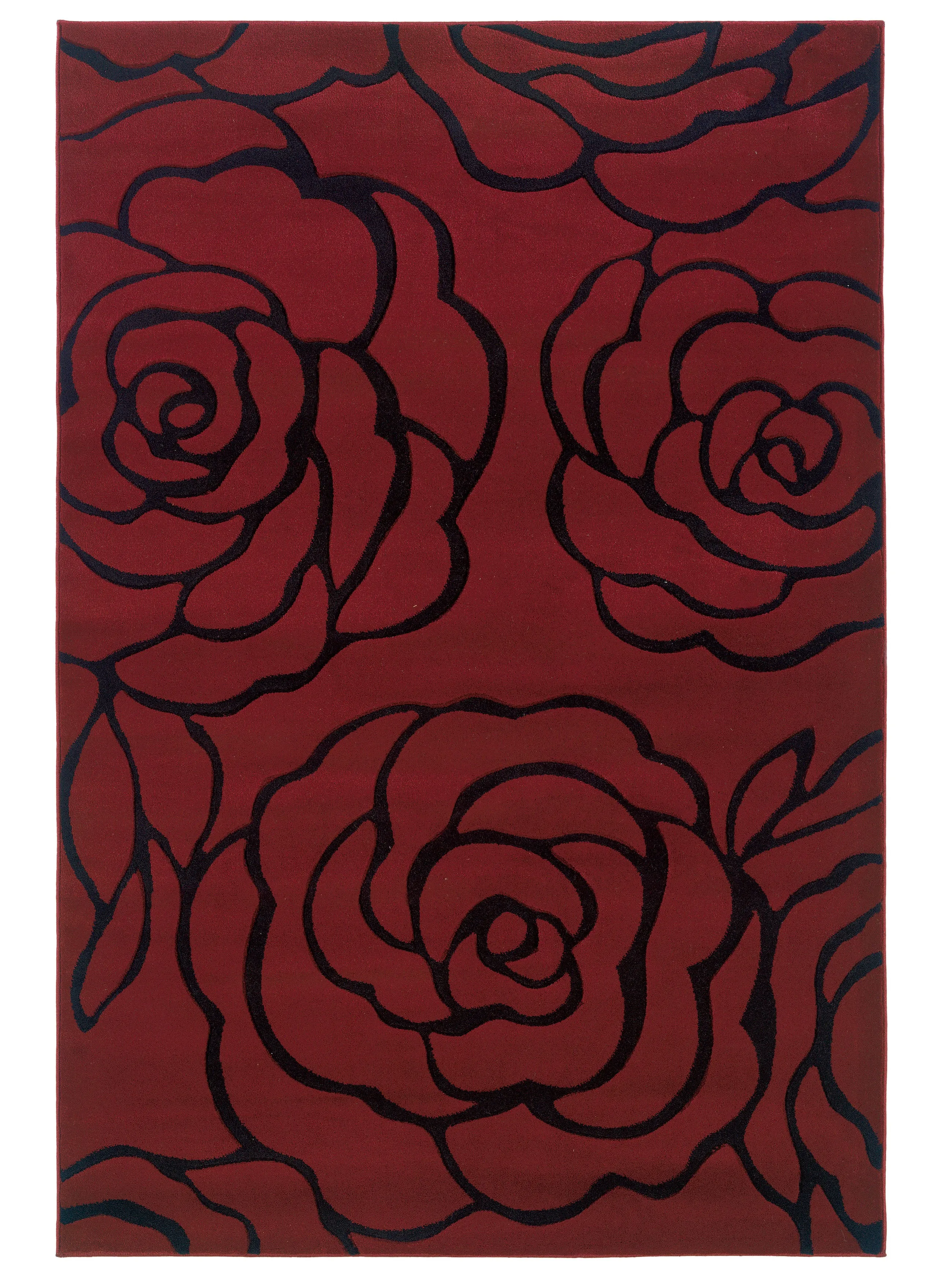 Benzara 2.83 x 1.83 Feet Rose Pattern Polypropylene Power Loomed Rug, Red and Black