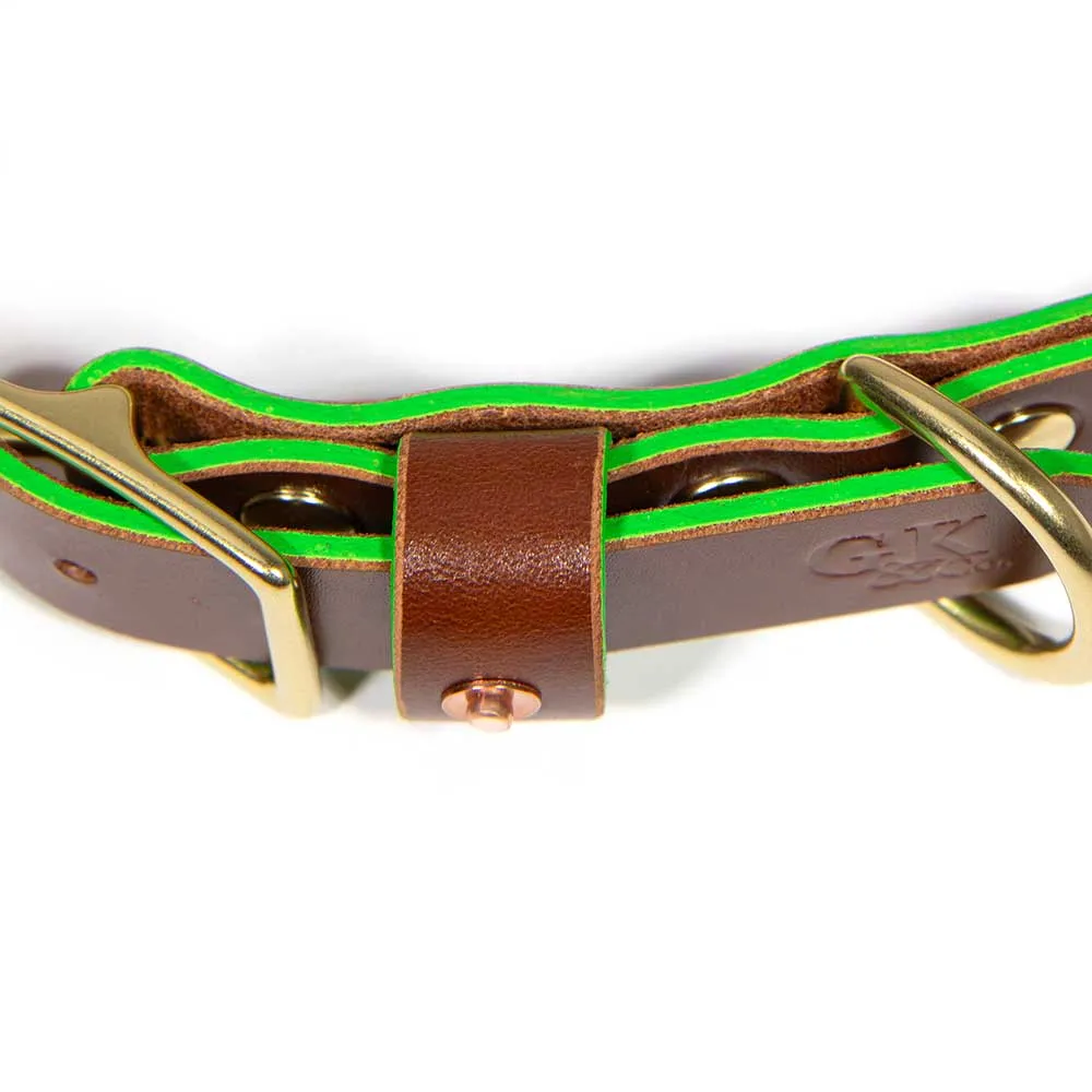 Brown Bridle Leather Dog Collar - Neon Green