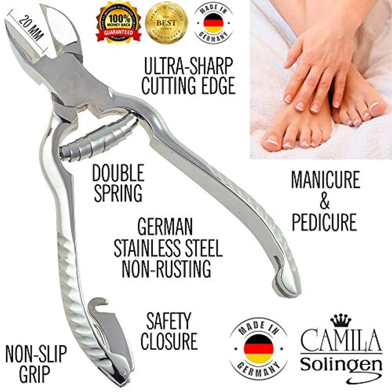Camila Solingen CS13 Large Heavy Duty Toe Nail Clipper for Thick Toenails, Manicure & Pedicure, Double Barrel Spring. Super Sharp Trimmer Curved Stainless Steel 20mm Blade Made in Solingen, Germany