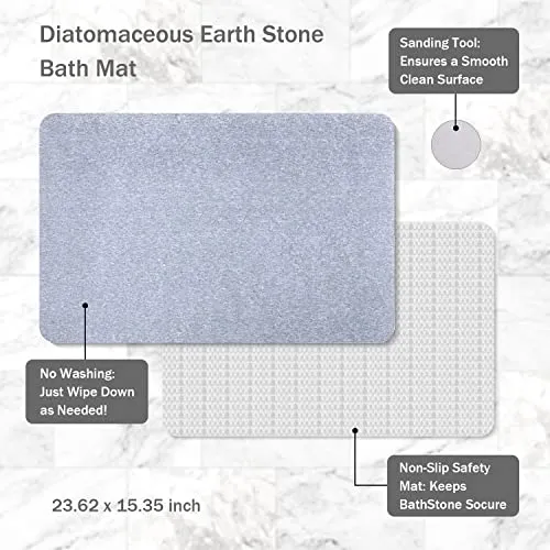 CECOKESO The Grey Diatomaceous Earth Bath Mat is Non-Slip, Absorbent, Its Dimensions are 23.62" x 15.35"