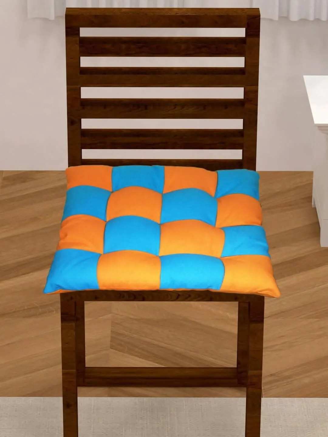 Lushomes Chair Pads, Orange with Blue, Reversible, driver seat cushion for car, dining chair cushion, cushion for car, tie up cushions for chairs, Cotton cushion (15 Inch x15 Inch, 9 Knots.