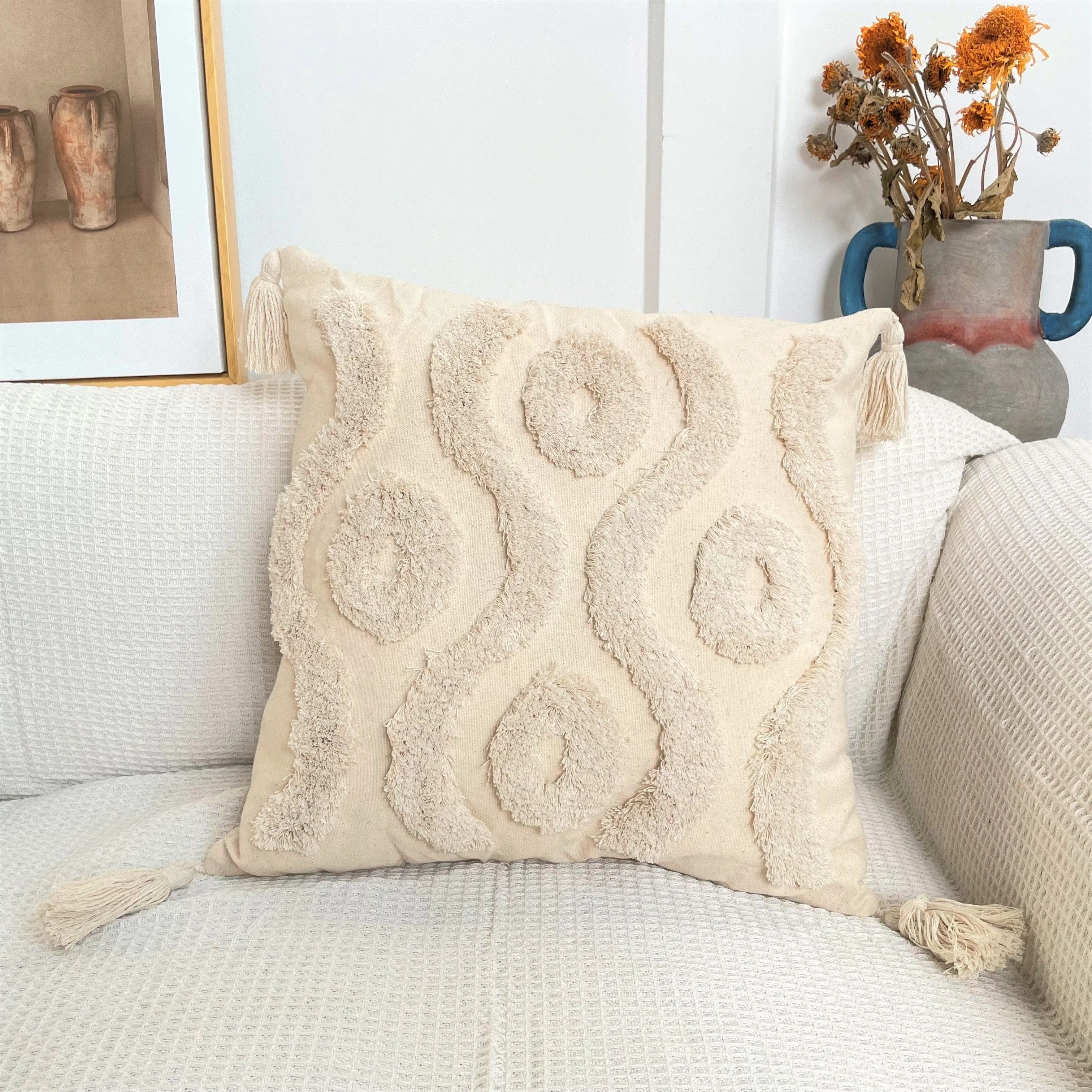 Pure Cotton Boho Tassel Style Tufted Cushion Covers, Various