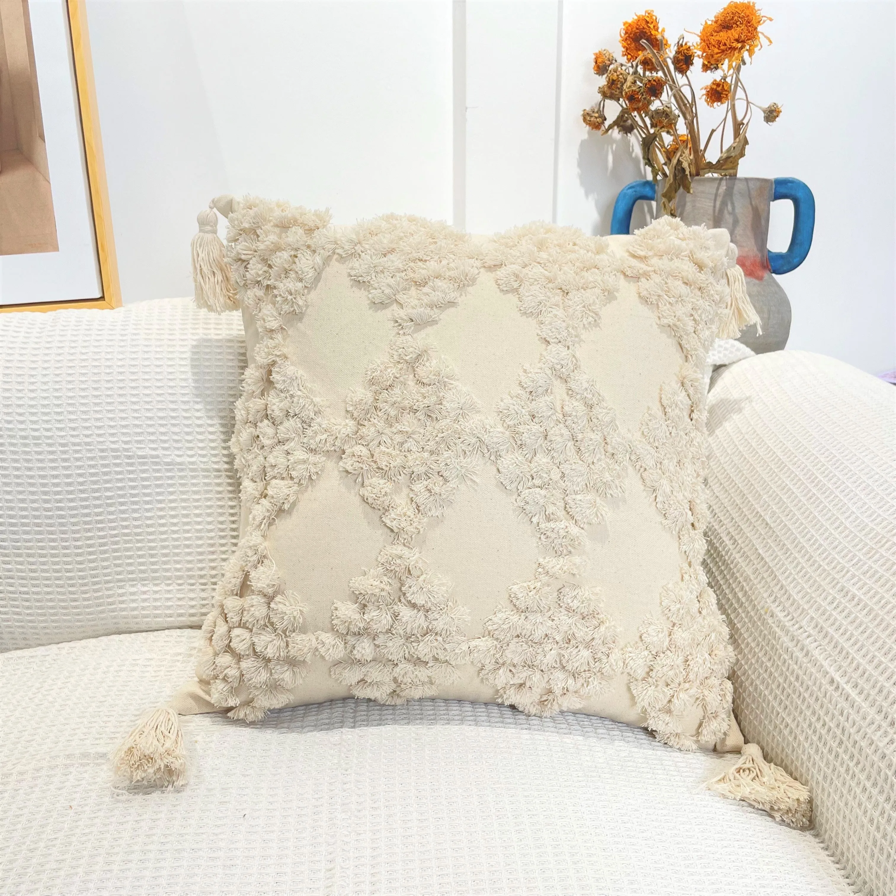 Pure Cotton Boho Tassel Style Tufted Cushion Covers, Various