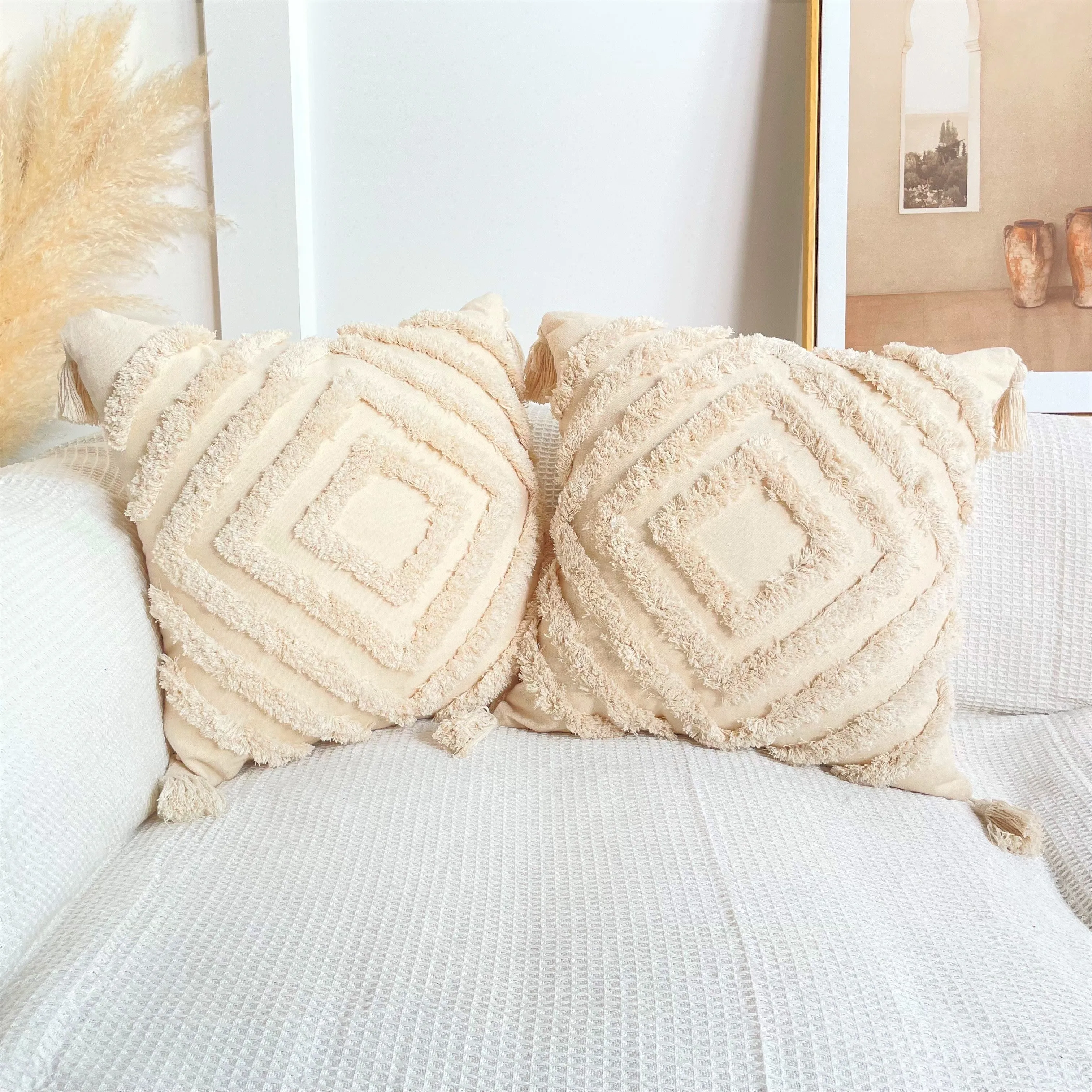Pure Cotton Boho Tassel Style Tufted Cushion Covers, Various