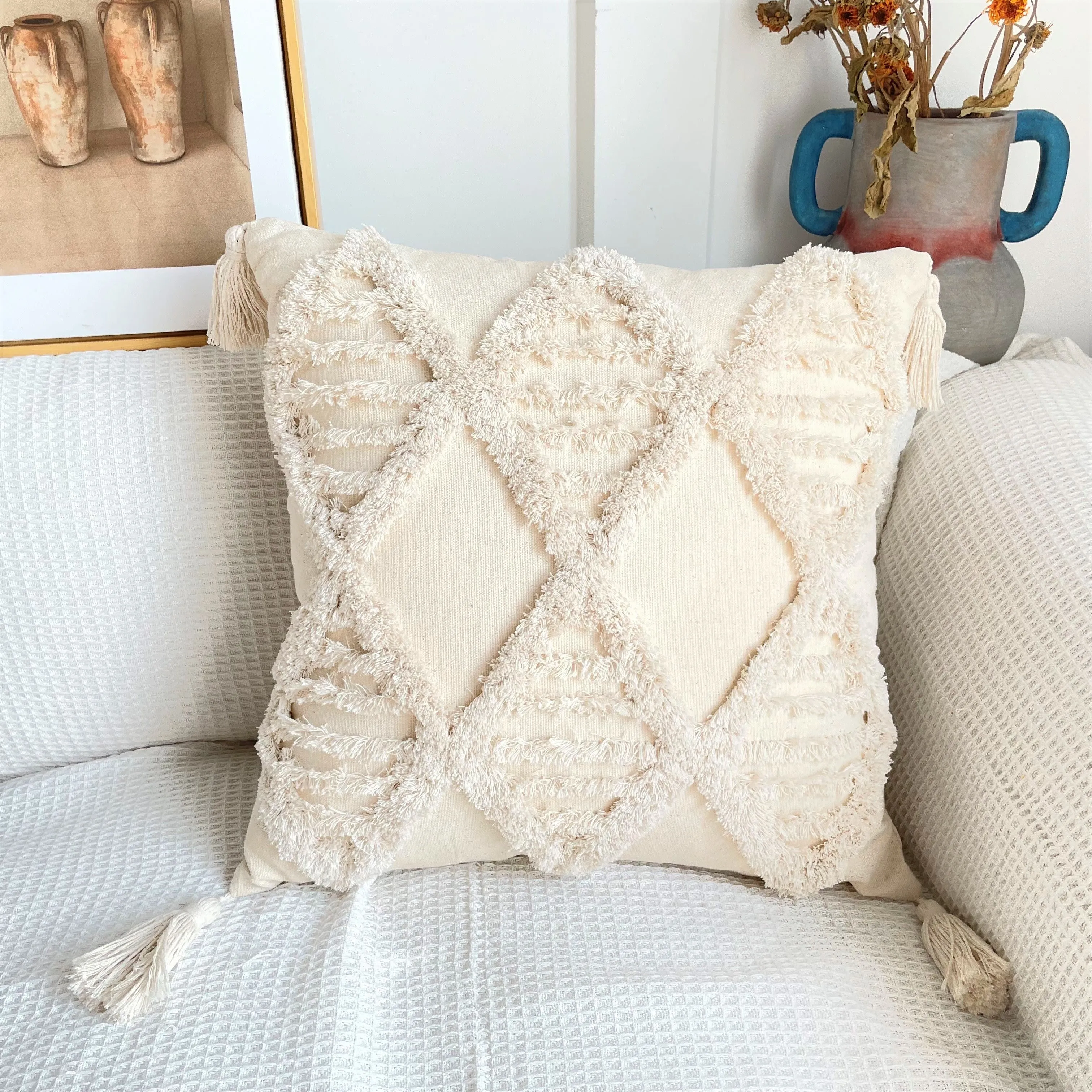 Pure Cotton Boho Tassel Style Tufted Cushion Covers, Various