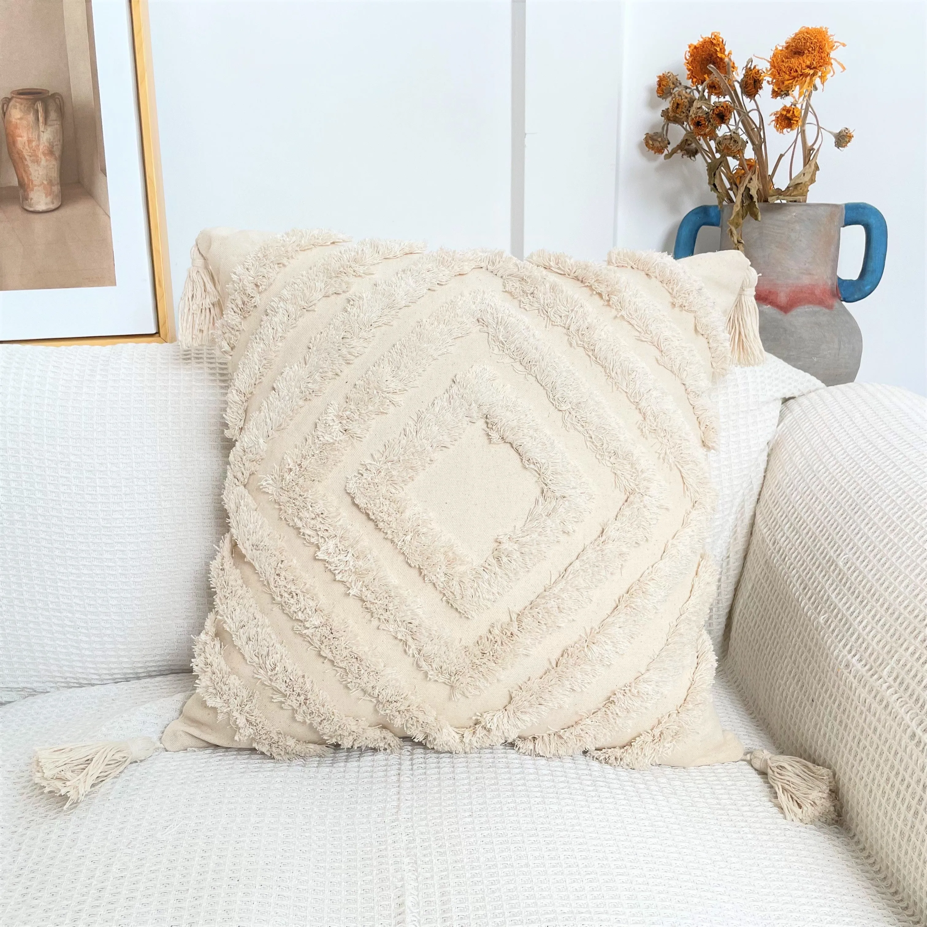 Pure Cotton Boho Tassel Style Tufted Cushion Covers, Various