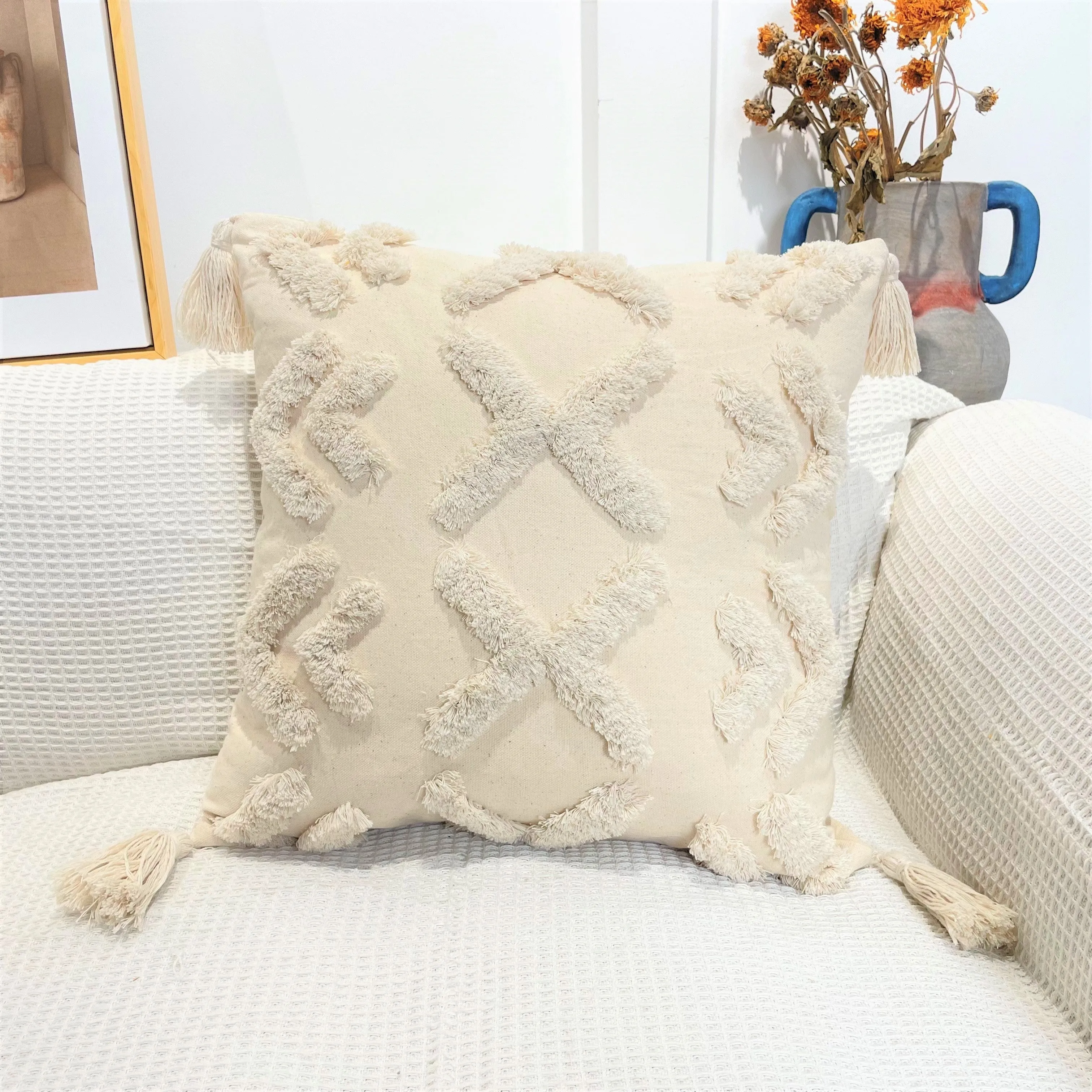 Pure Cotton Boho Tassel Style Tufted Cushion Covers, Various