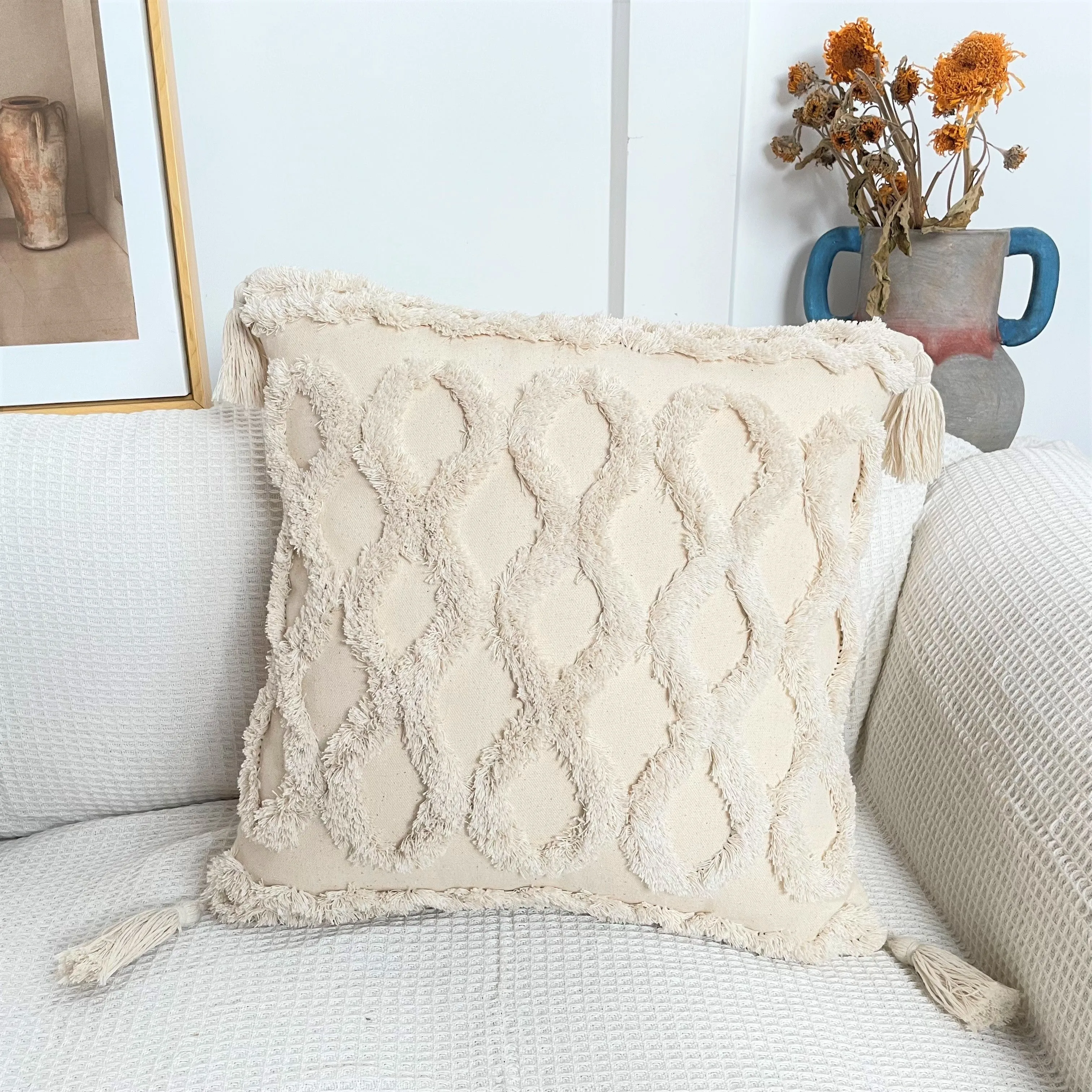 Pure Cotton Boho Tassel Style Tufted Cushion Covers, Various