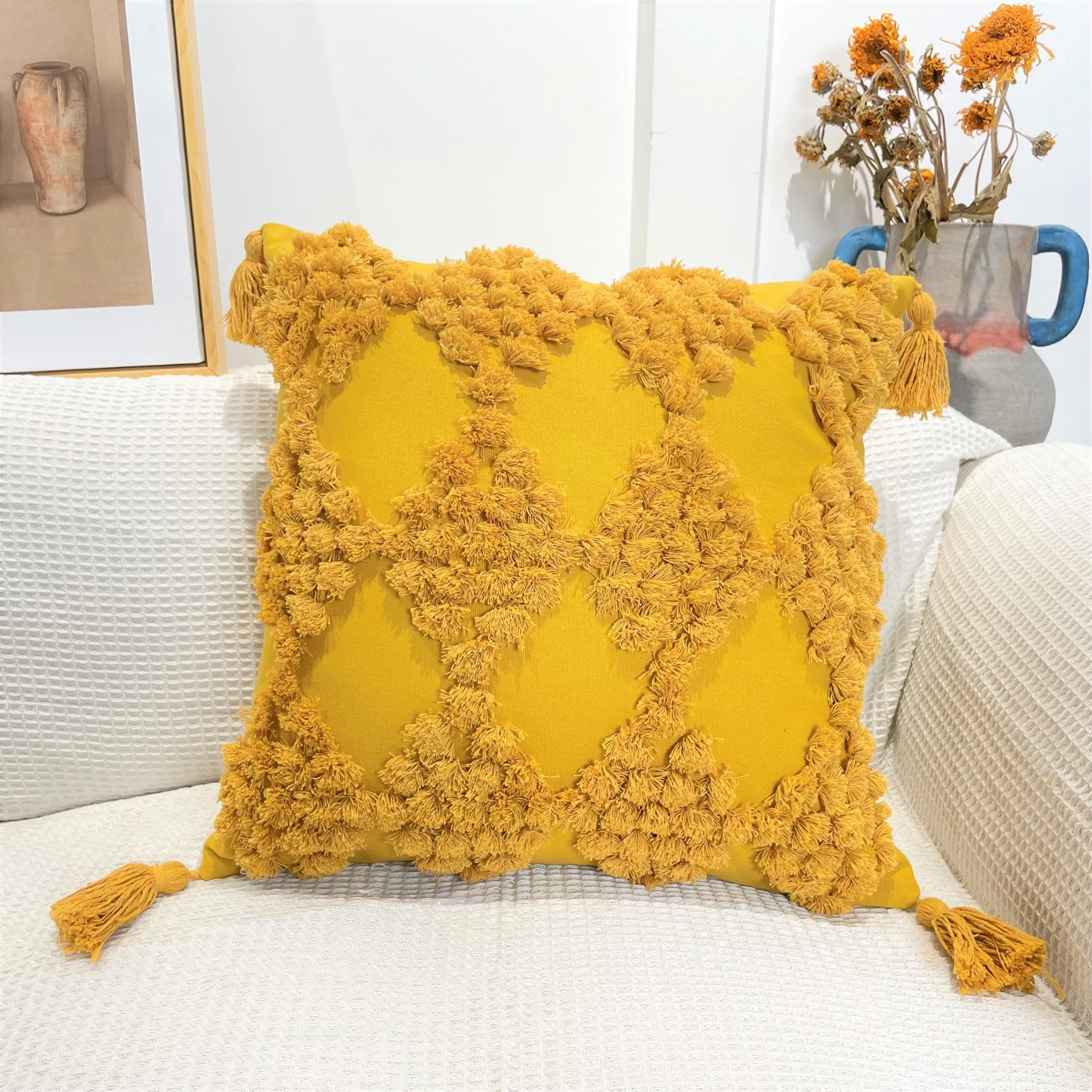 Pure Cotton Boho Tassel Style Tufted Cushion Covers, Various