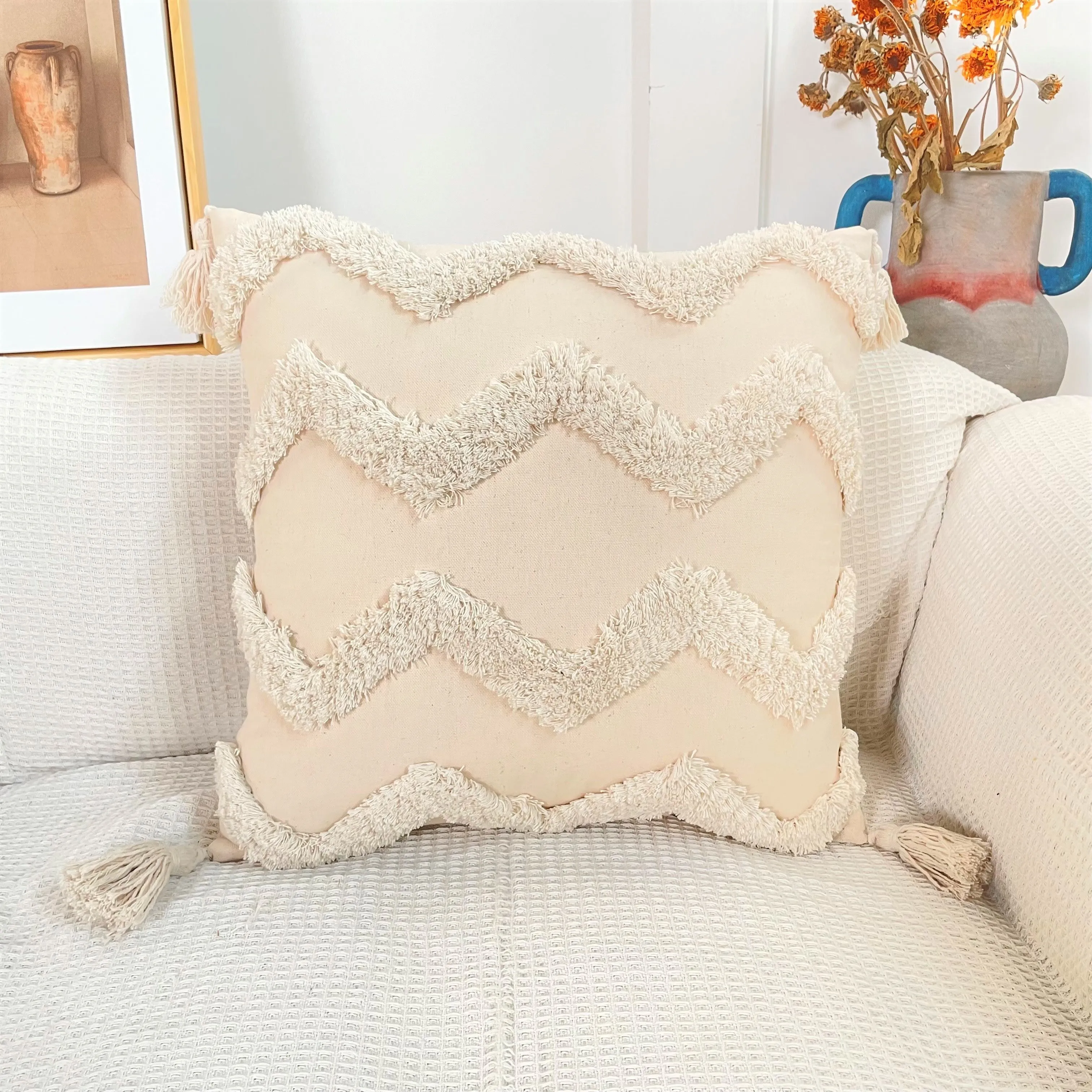 Pure Cotton Boho Tassel Style Tufted Cushion Covers, Various