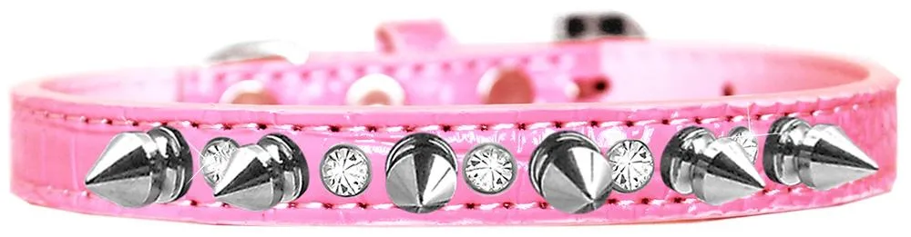 Silver Spike And Clear Jewel Croc Dog Collar Light Pink Size 16