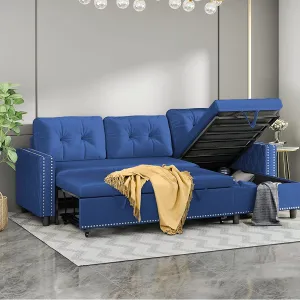 Velvet Reversible Sleeper Sofa with Large Storage Chaise, 3 Seat Reversible