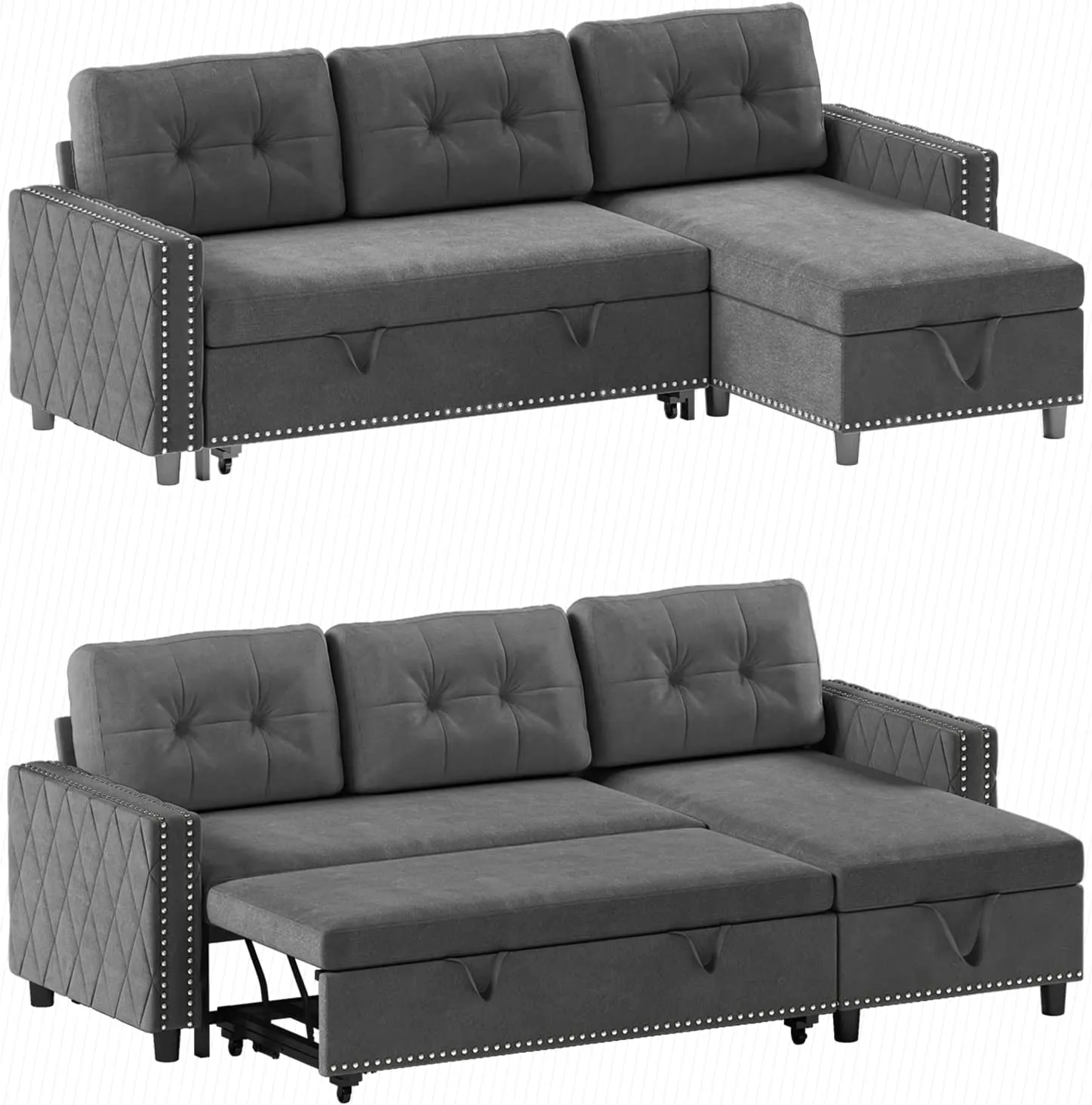 Velvet Reversible Sleeper Sofa with Large Storage Chaise, 3 Seat Reversible