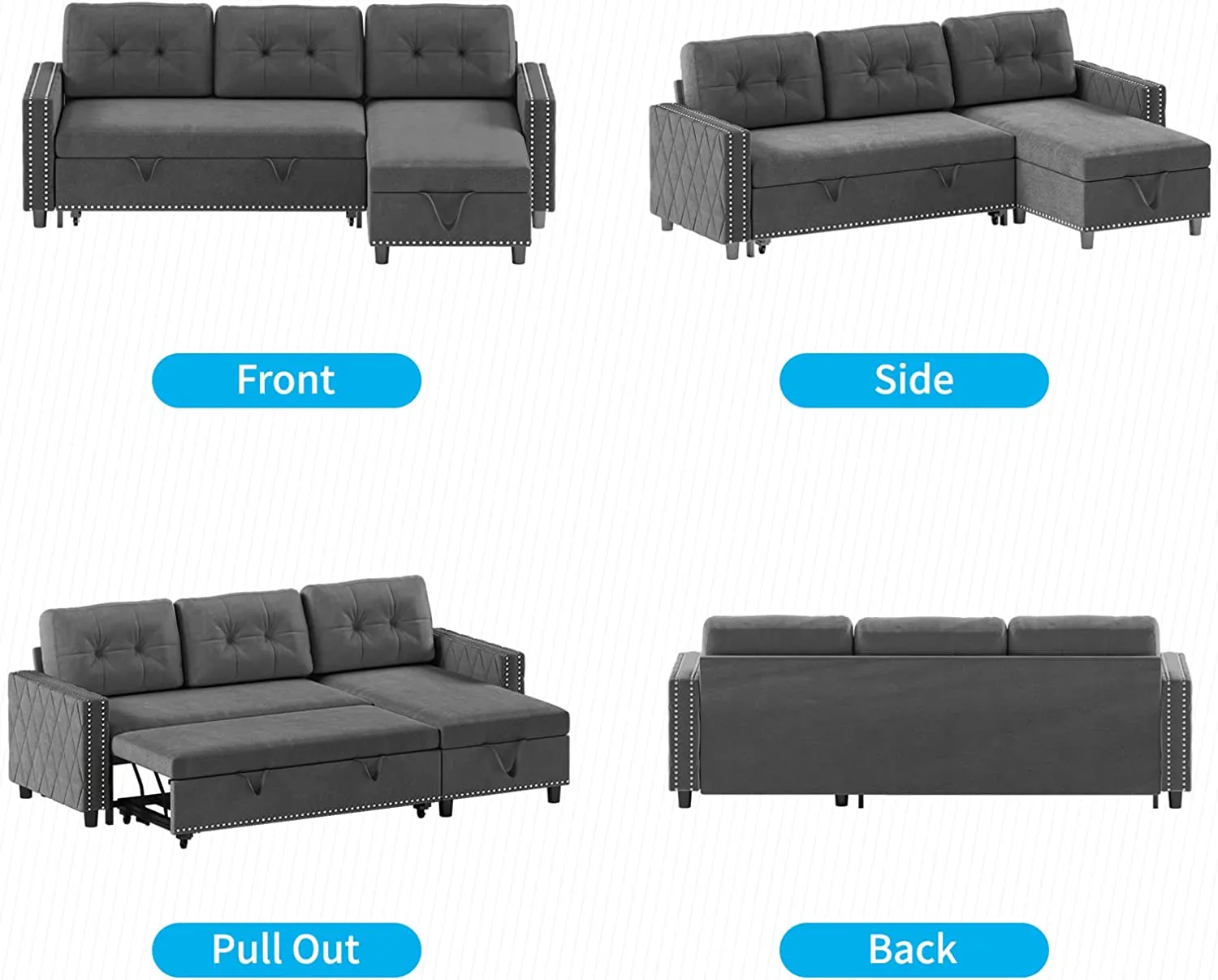Velvet Reversible Sleeper Sofa with Large Storage Chaise, 3 Seat Reversible