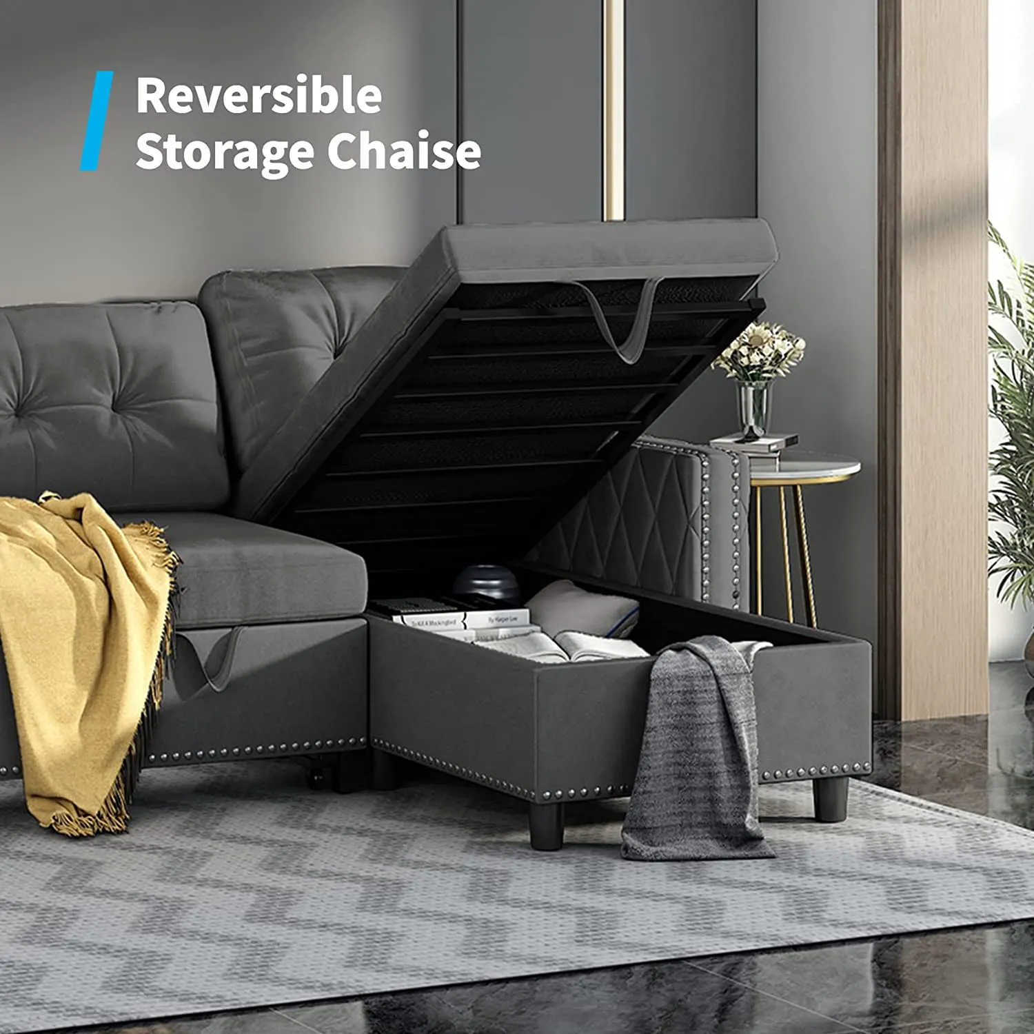 Velvet Reversible Sleeper Sofa with Large Storage Chaise, 3 Seat Reversible