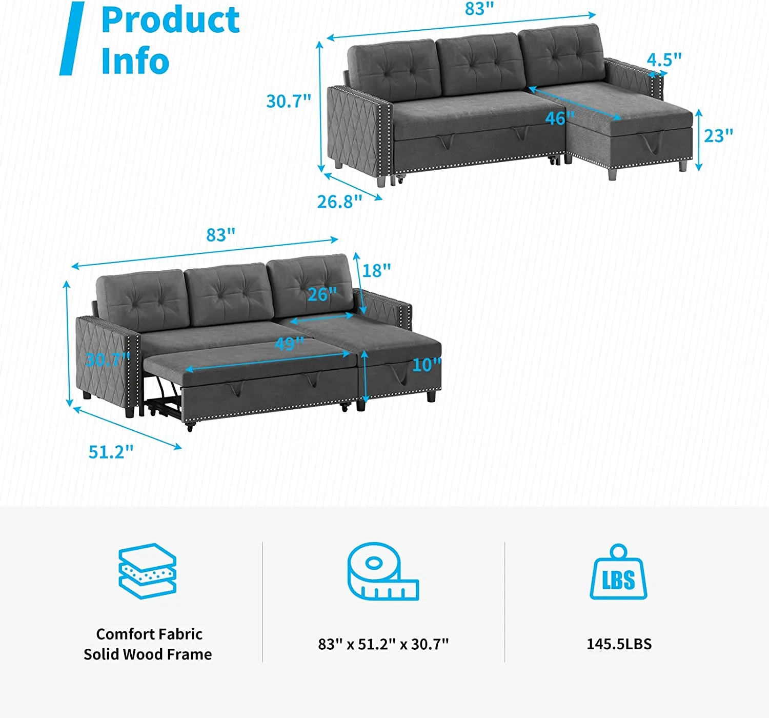 Velvet Reversible Sleeper Sofa with Large Storage Chaise, 3 Seat Reversible