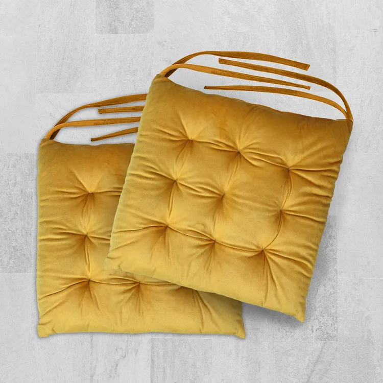 Velvet Slip Free Tufted  Chair Cushion Dark Mustard 40x40cm - Pack of 2